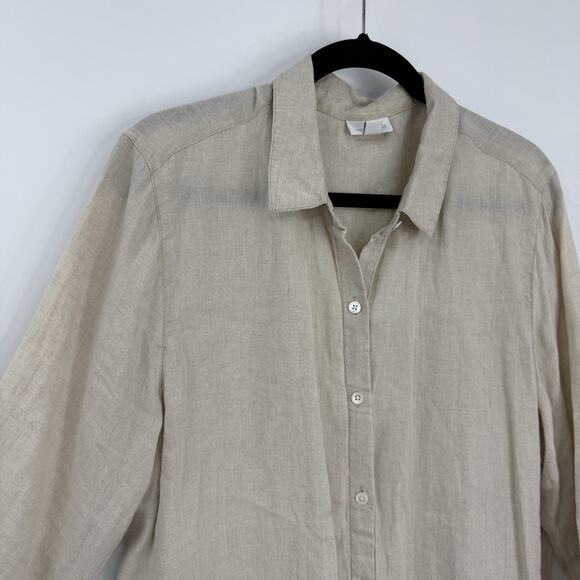 J Jill Love Linen Button Up Shirt Woven Oatmeal Long Sleeve large - Picture 3 of 8